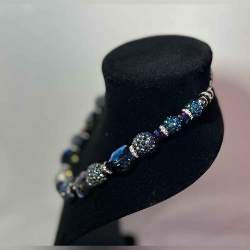 Elegant Blue Iridescent Glass and Crystal Beaded Necklace - Picture 3 of 11